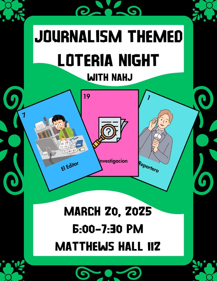 Hey, periodistas! Join us for our first meeting of the semester this Thursday at Matthews Hall 112 for a  lotería night.

¡Hola, periodistas! Únanse a nuestra primera reunión del semestre este jueves en Matthews Hall 112 para una noche de lotería.