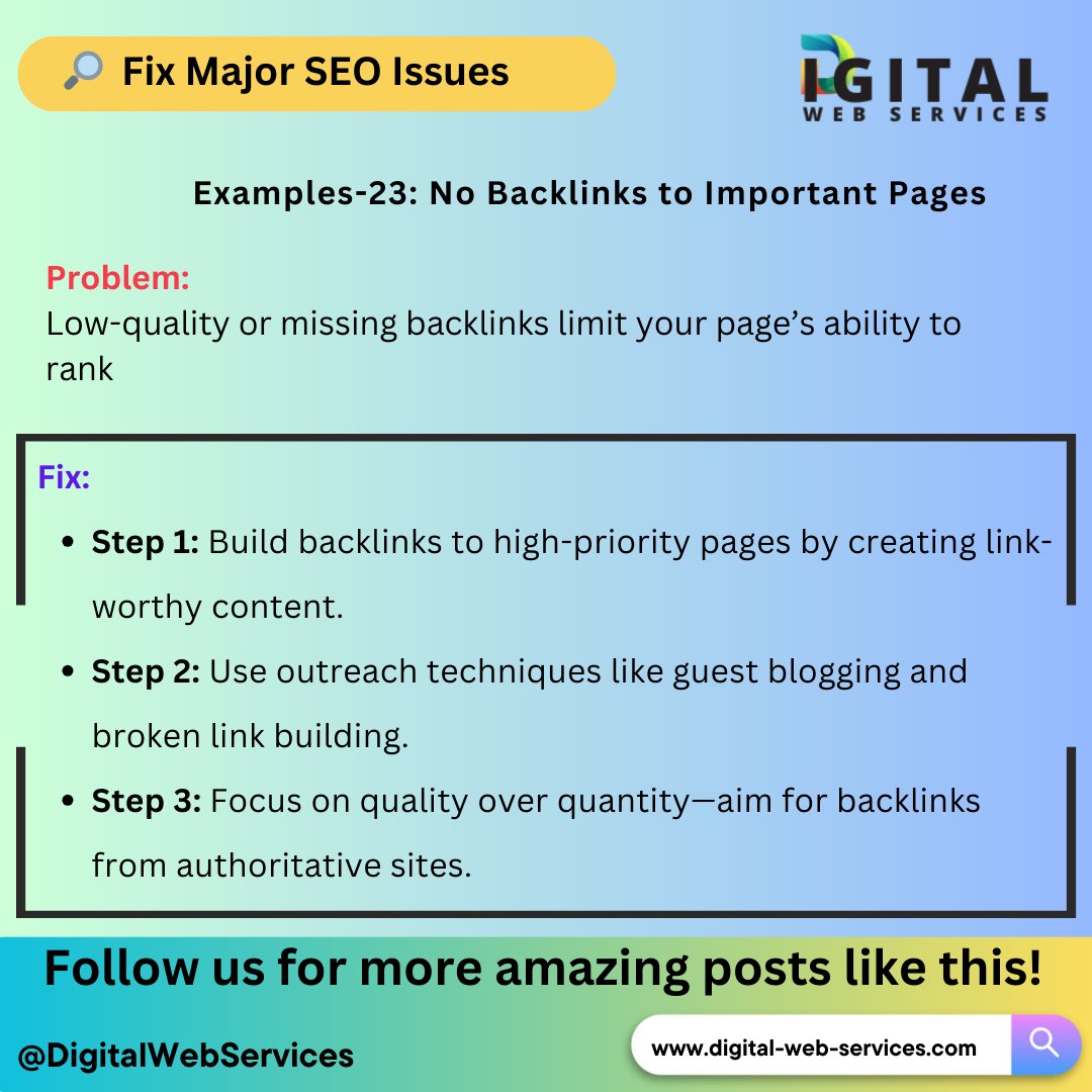 digitalwebservs's tweet image. #FixSEOIssues: 🚀 No Backlinks to Important Pages? Here’s How to Fix It! 
digital-web-services.com/major-seo-issu… 

▾▾▾▾
#SEO #Backlinks #LinkBuilding #DigitalMarketing #SEOtips #MarketingStrategy #SEOstrategy #SearchEngineOptimization #SEOhacks #GrowYourBusiness #MarketingTips