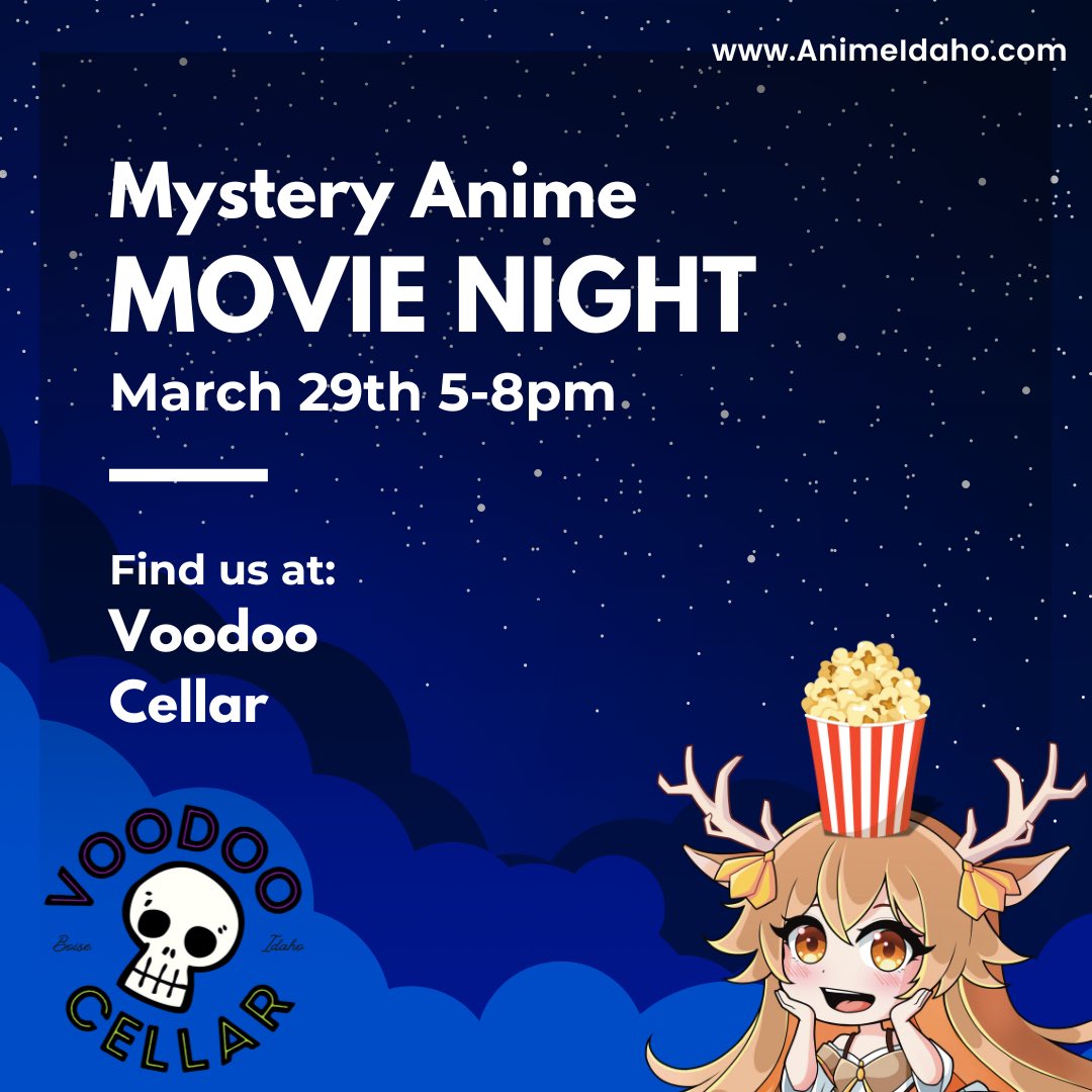 animeIDcon's tweet photo. Hello everyone! We have some upcoming meetups to tell you about.

All ages Anime Club: April 12th at ABU games, trivia, board games, and a local art jam! Cosplay is of course encouraged.

Anime movie night: March 29th at Voodoo Cellar (21+ due to venue) 

Hope to see you there! https://t.co/tElO4PBsDA