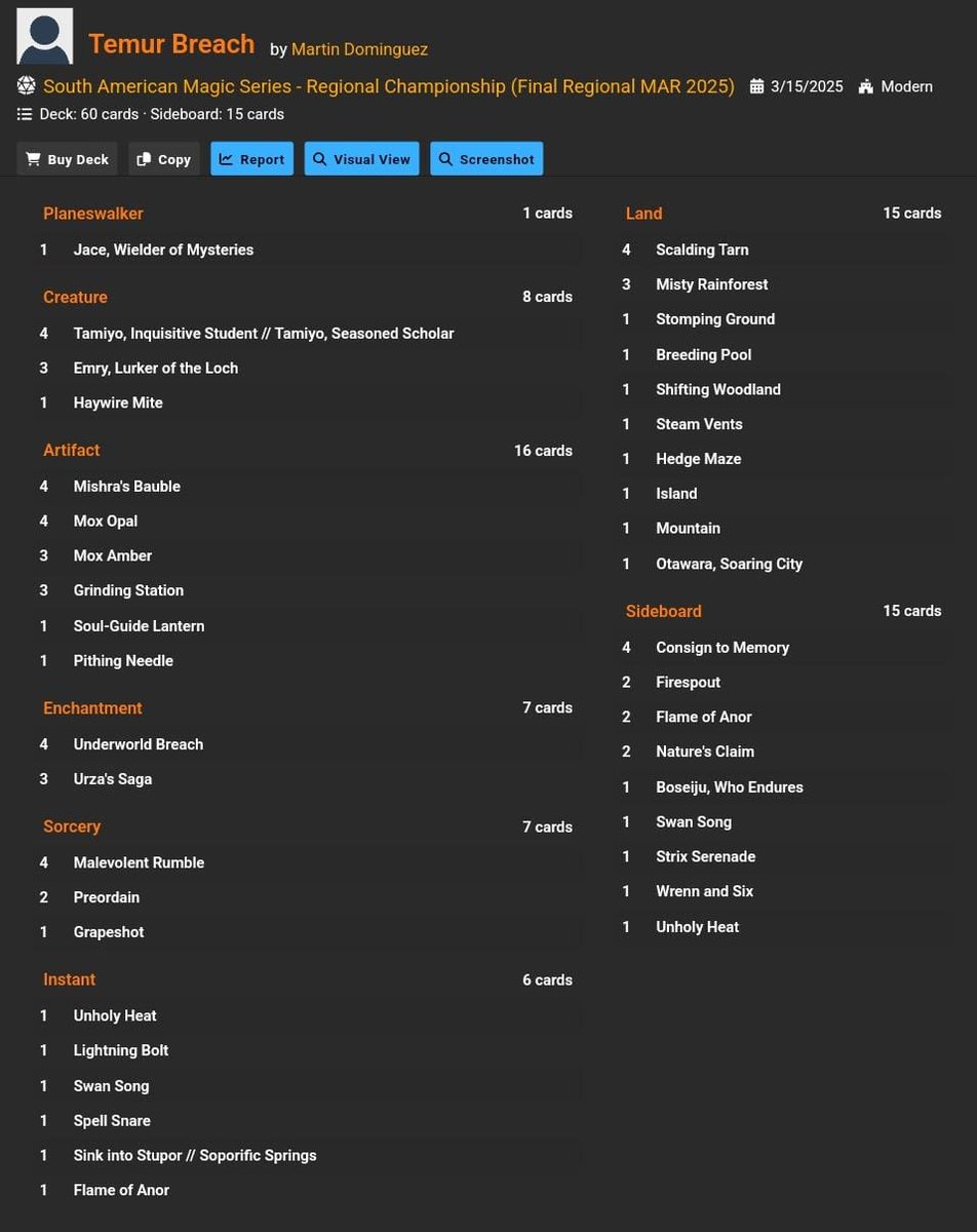 Lost in Top8 of South America RC.
Mull to 5 and 4 vs a good MU.
Just like in Chicago, 1 win short of the PT invite, devastating.
I played Temur Breach, the deck is good, but I don't think it deserves a ban at the moment.