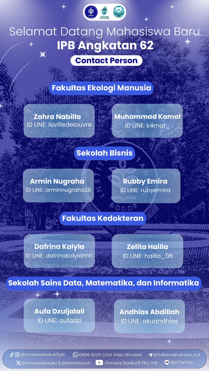 adkesmuach's tweet image. [𝐒𝐄𝐋𝐀𝐌𝐀𝐓 𝐃𝐀𝐓𝐀𝐍𝐆, 𝐌𝐀𝐇𝐀𝐒𝐈𝐒𝐖𝐀 𝐁𝐀𝐑𝐔 𝐀𝐍𝐆𝐊𝐀𝐓𝐀𝐍 𝟔𝟐 𝐉𝐀𝐋𝐔𝐑 𝐒𝐍𝐁𝐏 𝟐𝟎𝟐𝟓!]

Selamat atas pencapaianmu! Perjalanan panjang penuh usaha dan doa akhirnya membawamu ke IPB University.

Silahkan hubungi CP di bawah untuk masuk ke grup angkatan ya!🤗