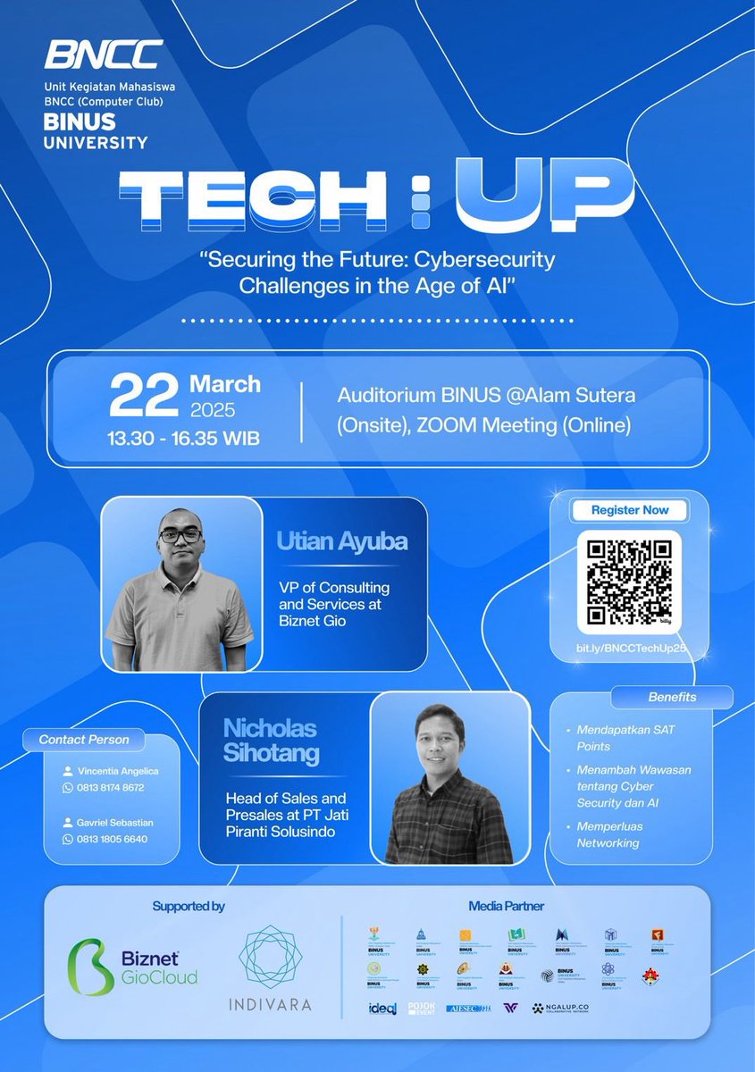 HimtiBinus's tweet photo. [MEDIA PARTNER]
🔥 𝗠𝗮𝘂 𝗜𝗻𝗳𝗼 𝗠𝗮𝗴𝗮𝗻𝗴 &amp; 𝗛𝗮𝗱𝗶𝗮𝗵 𝗠𝗲𝗻𝗮𝗿𝗶𝗸? 🚀

Buat kalian yang mau tau bagaimana AI bisa menjadi senjata hacker sekaligus pertahanan digital, yuk kita bahas tuntas "Securing the Future: Cybersecurity Challenges in the Age of AI" bareng expert! https://t.co/686mPQRxVe