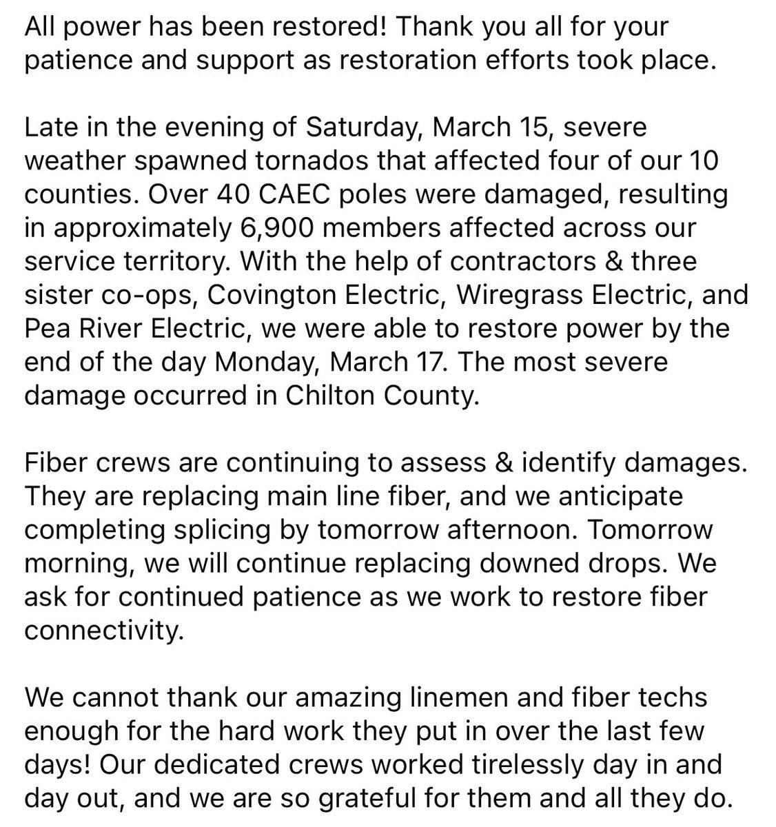 All power has been restored!