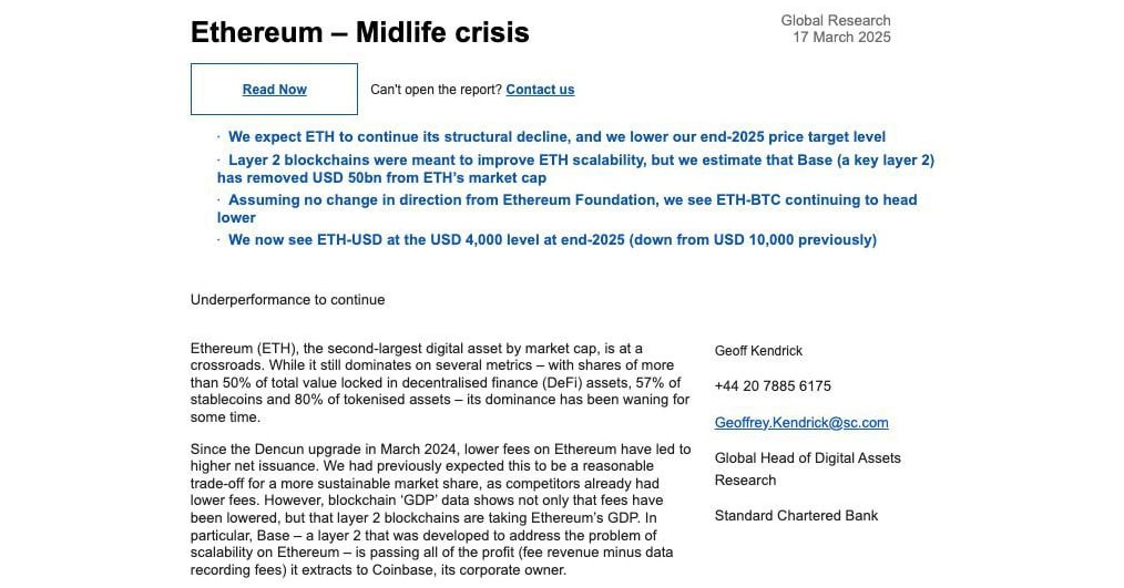 Ethereum in crisis? 📉 Standard Chartered predicts $ETH dropping to $USD 4,000 🙄 by end-2025, citing structural decline &amp; #market cap issues. Who’s to blame for this mess?  #Ethereum #ETH #CryptoCrash #crypto