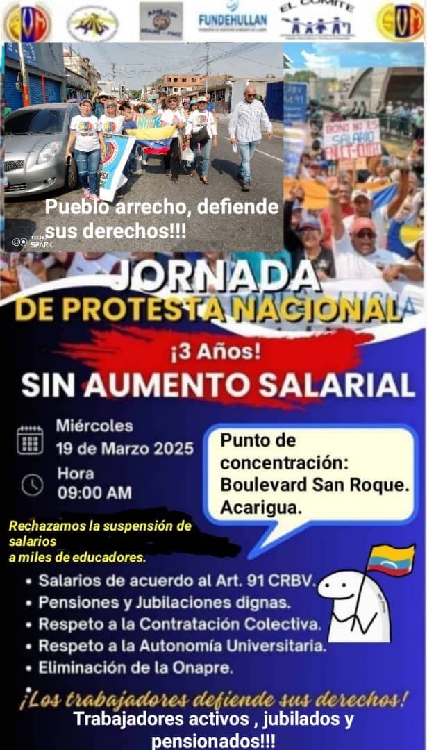 AsambleaCNCTL's tweet photo. El magisterio, los universitarios, los pensionados y jubilados unidos de #Portuguesa en la Jornada de Protesta Nacional por aumento de salarios conforme al art 91 de la CRBV. 
#Acarigua dice #El19PaLaCalle https://t.co/325oCT1HW1