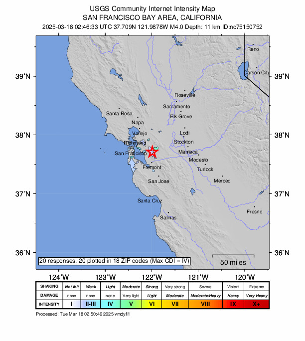#Earthquake magnitude 4.0 (USGS) located 5 km WNW of Dublin, #California.

•Light to weak intensity reported in San Francisco, San Jose, Berkeley, Oakland, 
•Low likelihood of casualties and damage.

#ShakeAlert issued an Earthquake Early Warning: earthquake.usgs.gov/earthquakes/ev…