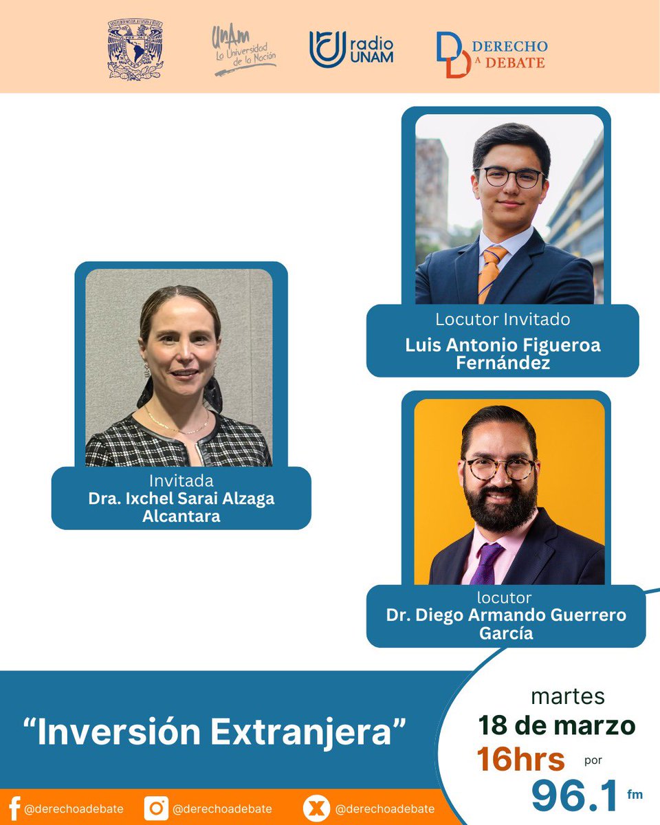 #mañana no te pierdas #derechoadebate porque hablaremos de #Inversionextranjera junto a la Dra. #IxchelAlzaga 
🎙️ Dr. @diegoaguerrerog y @luisito_figue1