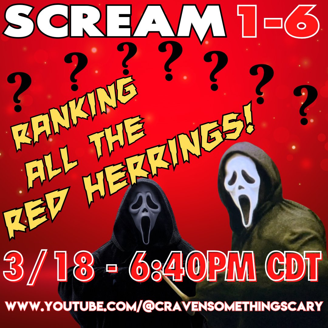 cravenmovies's tweet image. Join me &amp;amp; my guests on Tuesday 3/18 at 6:40pm central as we conduct a tier ranking of all the red herrings from every Scream movie (1-6) with YOU live! Click the link below right NOW! 🔥
youtube.com/live/jbEIKrI4E…
#Scream #Scream2 #Scream3 #Scream4 #Scream5 #Scream6 @NightWatch_1