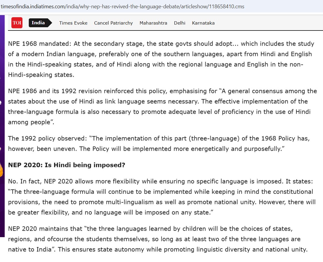 AbhishBanerj's tweet photo. Who imposed Hindi in National Education Policy?

NEP 1968: Cong

NEP 1986: Cong

NEP 1992: Cong

Does Modi govt's NEP 2020 impose Hindi?

NO

But BJP is getting blame and Cong is getting praise

That is power of narrative https://t.co/aM1r3qc1jo