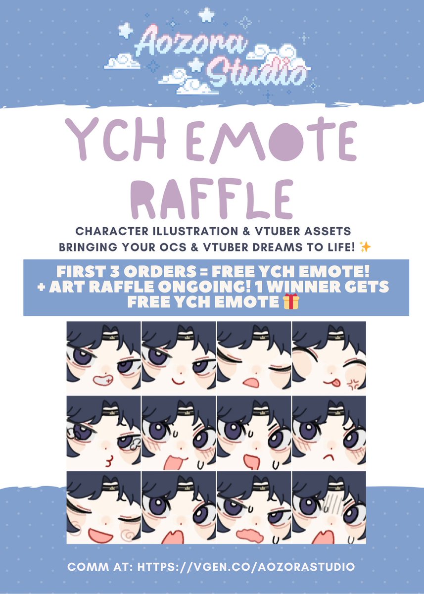 🎉✨ Aozora Studio is OPEN! ☁️💙
💌 Grand Opening Special:
🎯 First 3 commissions = FREE YCH emote!
🎯 PLUS… we’re hosting Art Raffle!
1 lucky winner gets a FREE YCH emote too! ✨

Join the raffle:
1️⃣ Follow
2️⃣ Like + RT
🎨Comm at: vgen.co/AozoraStudio
#Vtuber #CommissionOpen