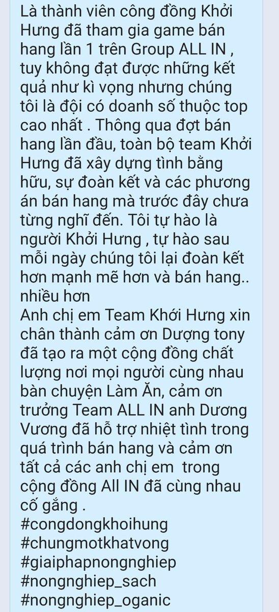 Nguyễn Mạo (@nguyenmao147) on Twitter photo LỜI TRI ÂN 
 Chúng tôi xin gửi lời cảm ơn chân thành đến BTC All-in đã tổ chức một cuộc thi vô cùng ý nghĩa và nhân văn. Team Khởi Hưng  tự hào lọt top 1 doanh số bán hàng.  Tất cả ACE trong nhóm đều rút ra được Những bài học  tuyệt vời. 
Thanks 
 #khoihung LỜI TRI ÂN 
 Chúng tôi xin gửi lời cảm ơn chân thành đến BTC All-in đã tổ chức một cuộc thi vô cùng ý nghĩa và nhân văn. Team Khởi Hưng  tự hào lọt top 1 doanh số bán hàng.  Tất cả ACE trong nhóm đều rút ra được Những bài học  tuyệt vời. 
Thanks 
 #khoihung