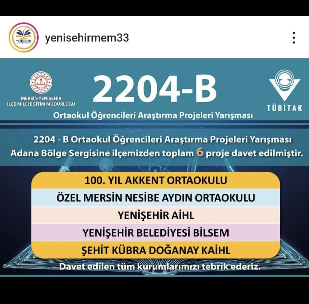 100.YIL AKKENT ORTAOKULU (@100akkent) on Twitter photo TÜBİTAK 2204-B Ortaokul Öğrencileri Araştırma Projeleri Yarışması’nda İngilizce Öğretmenimiz Sayın Halime Meydan Can’ın danışmanlığını yaptığı projemiz Adana Bölge Finali’ne katılmaya hak kazanmıştır. <a href="/MersinMEM/">Mersin İl Millî Eğitim Müdürlüğü</a> <a href="/fazilet_durmus/">Fazilet Öğretmen 🇹🇷</a> <a href="/yenisehirmem_33/">Yenişehir İlçe Milli Eğitim Müdürlüğü</a> <a href="/necmidinc/">M.Necmeddin Dinç</a> <a href="/AYILDIZ_EBS/">Abdurrahman YILDIZ</a> TÜBİTAK 2204-B Ortaokul Öğrencileri Araştırma Projeleri Yarışması’nda İngilizce Öğretmenimiz Sayın Halime Meydan Can’ın danışmanlığını yaptığı projemiz Adana Bölge Finali’ne katılmaya hak kazanmıştır. <a href="/MersinMEM/">Mersin İl Millî Eğitim Müdürlüğü</a> <a href="/fazilet_durmus/">Fazilet Öğretmen 🇹🇷</a> <a href="/yenisehirmem_33/">Yenişehir İlçe Milli Eğitim Müdürlüğü</a> <a href="/necmidinc/">M.Necmeddin Dinç</a> <a href="/AYILDIZ_EBS/">Abdurrahman YILDIZ</a>