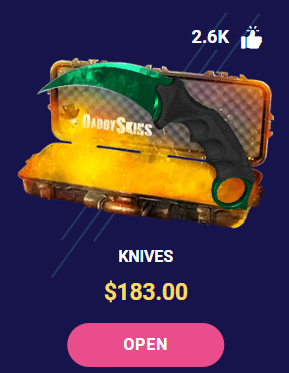 DaddyskinsCSGO's tweet image. Knife Case ($183) 🔪 Giveaway!

We're giving away our most popular case! Guaranteed CSGO knife! Retweet, Follow us to enter 🎁