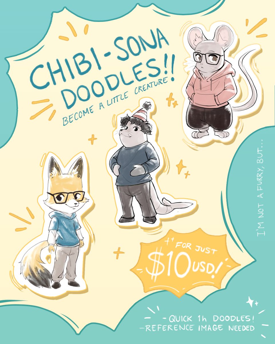 Hi! ✨ 
Aside from my regular commissions I also opened this cute chibi-sona tier for 10usd!

If you’re interested please order via Vgen!   

Retweets are very well appreciated, thank you for your attention! #commissionsopen