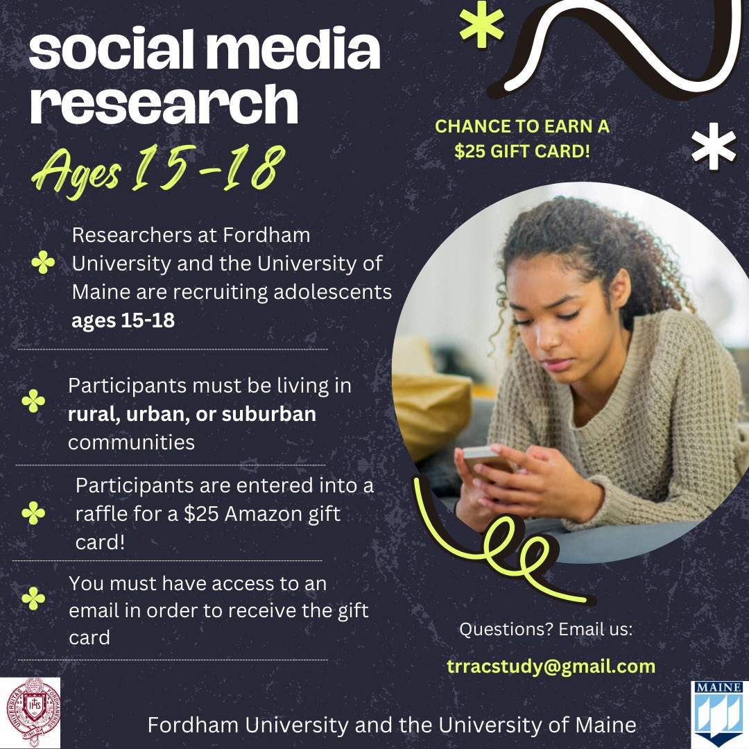 FordhamTRRAC's tweet photo. Hey! 🍀Are you 15-18 years old? Want to help #psychologists at Fordham University and University of Maine understand #teen mental health in the digital age? We need 15-18 year olds to participate in an online #research study! Enter into a raffle for a $25 Amazon Gift Card! Questions? Email us at trracstudy@gmail.com

Link to participate: https://t.co/KSeUO3Q8G9