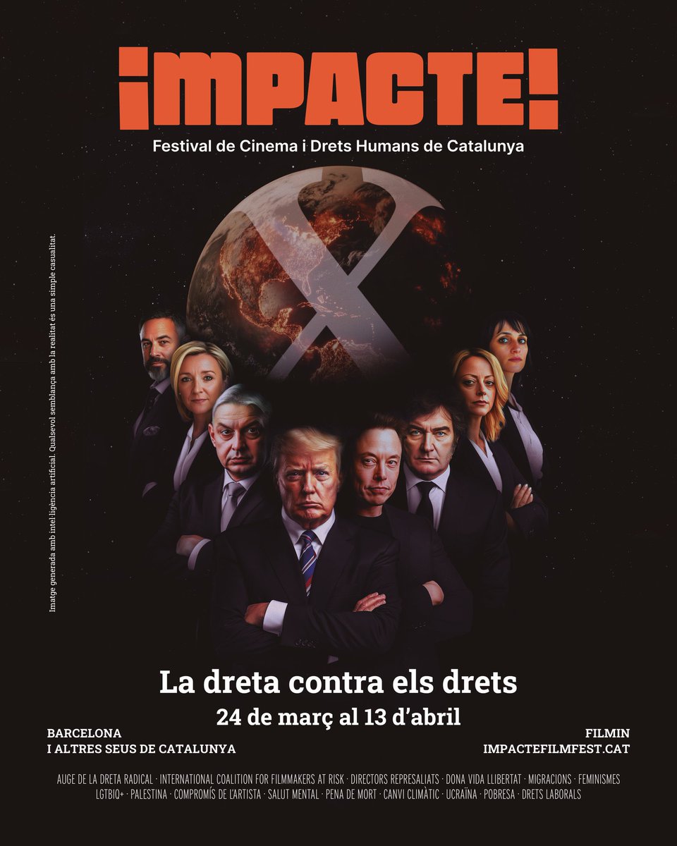 📢 Ja tenim cartell de la 5a edició de l’IMPACTE! Festival de Cinema i Drets Humans de Catalunya!

⚡ "La dreta contra els drets" és el tema central d'aquest any. 

📆 del 24 de març al 13 d’abril.

📍 Presencialment també a Cambrils,i online a <a href="/Filmin/">Filmin</a>.

#IMPACTE2025