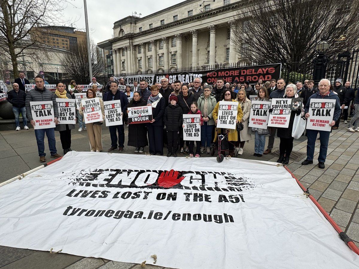 Family members of the victims of the A5 outside the High Court in Belfast this morning.