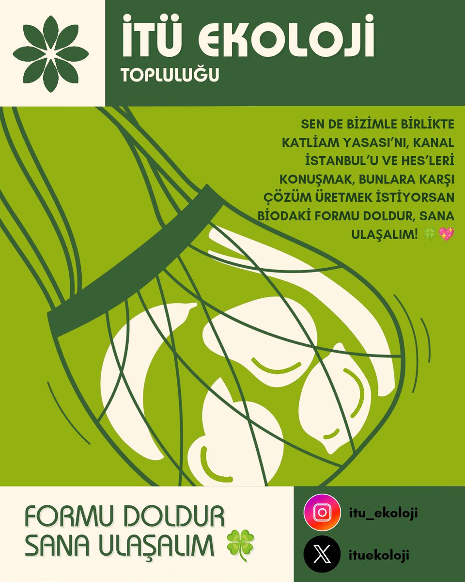 Sen de bizimle birlikte Katliam Yasası'nı, Kanal İstanbul'u ve HES'leri konuşmak, bunlara karşı çözüm üretmek istiyorsan formu doldur; sana ulaşalım!
docs.google.com/forms/d/e/1FAI…
