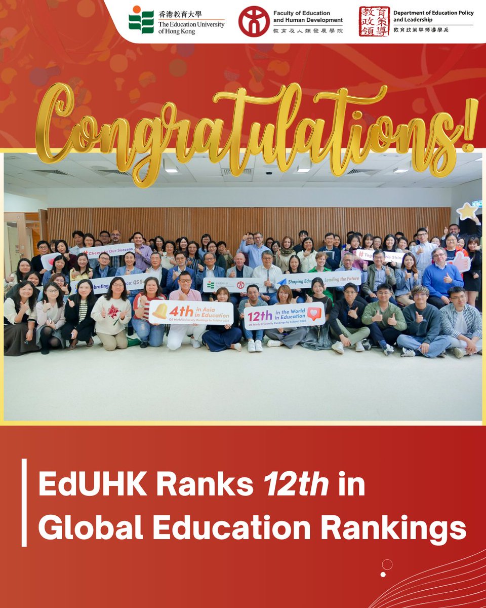 The Faculty of Education and Human Development held a special gathering on March 13 to celebrate EdUHK has ranked 12th in the QS World University Rankings by Subject for 2025 in education, honoring the hard work and dedication of our staff!🙌🥳

Read more: Link in bio🔗