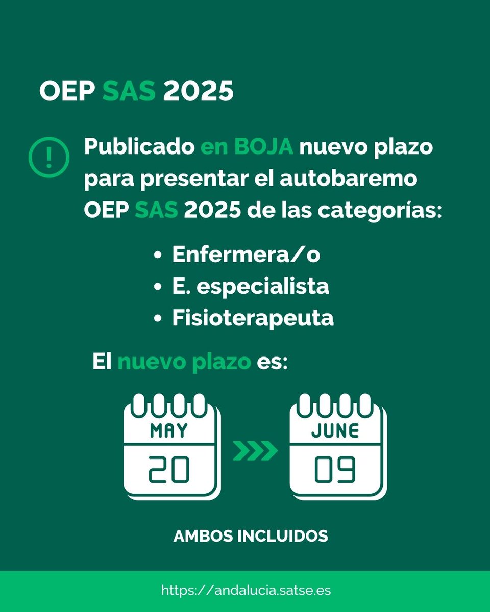 SATSE_Andalucia's tweet photo. ✅Ya es oficial el cambio de fecha de autobaremo para inscritos en OEP SAS 2025 de #Enfermera/o, Enfermera/o Especialista (#EFyC #Matrona #SaludMental #Trabajo) y #Fisioterapeuta
🗓️El nuevo plazo es del 20 de mayo al 9 de junio, incluidos
🔗Infórmate aquí https://t.co/PsmY3TwoV6 https://t.co/UAru9NScuO