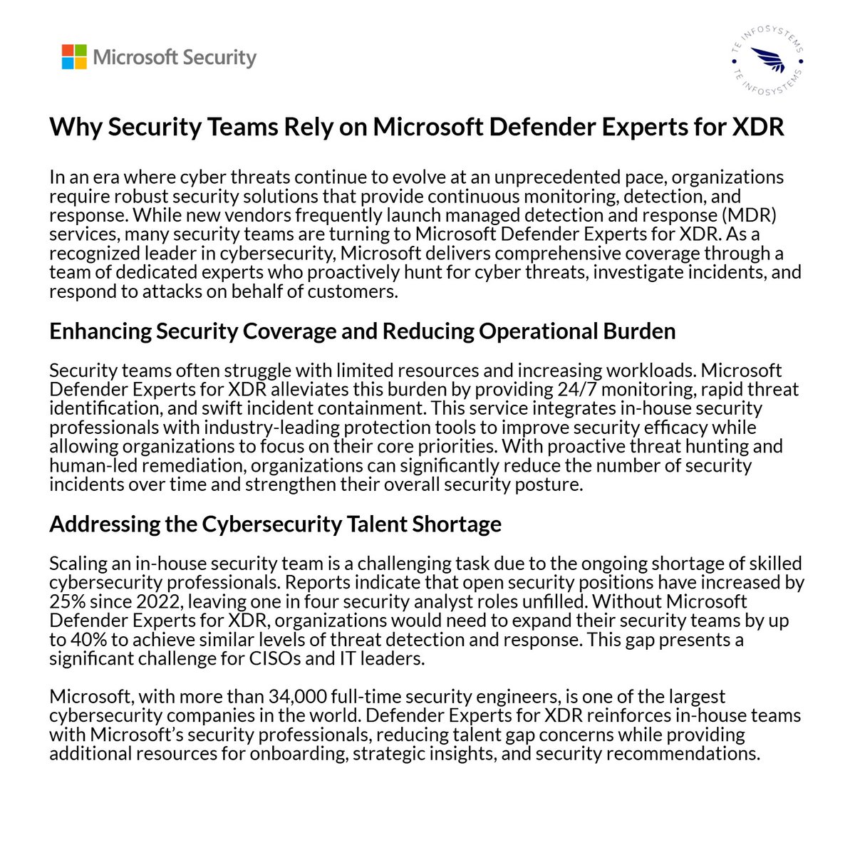 TEInfosystem's tweet photo. 🚨 Cyber threats are evolving—Is your security team ready? 🚨

🔍 Microsoft Defender Experts for XDR delivers 24/7 monitoring, proactive threat hunting, and rapid response to protect your organization from cyberattacks.
#CyberSecurity #ThreatDetection #MicrosoftDefender #XDR https://t.co/WxAFcJEmBE