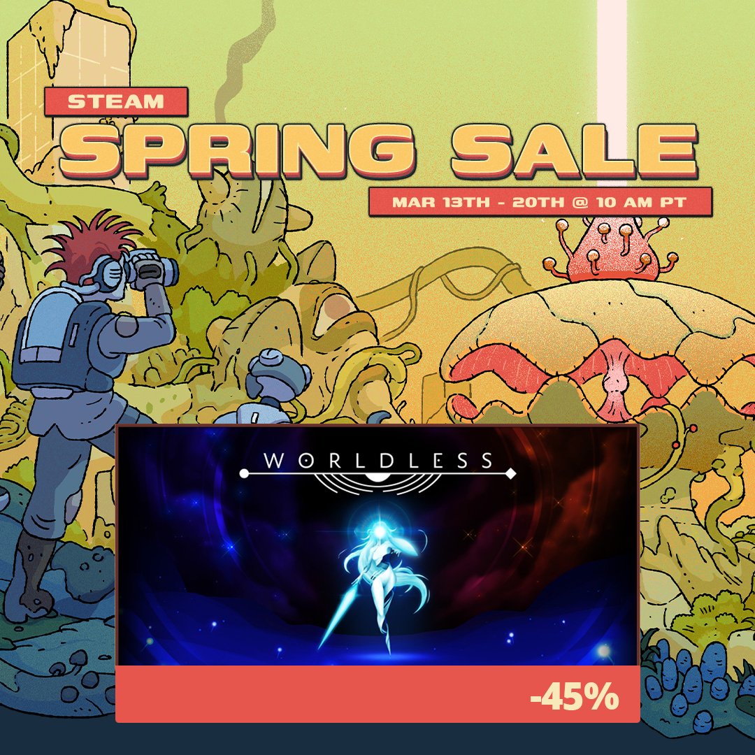 Worldless is part of the @steam #SpringSale, which means now’s your chance to snag it at a sweet discount! 🎮🔥 Don’t wait too long—this deal won’t last forever! ⏳🚀  store.steampowered.com/app/1898500/Wo…