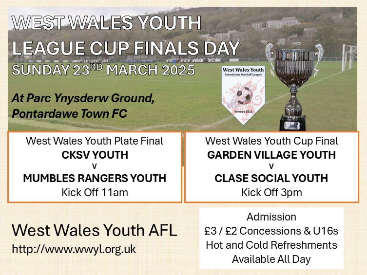 Pontardawe Town FC (@pontardawetown) on Twitter photo On Sunday 23rd March we are looking forward to hosting the West Wales Youth Cup and Plate Finals at Parc Ynysderw. Two exciting games ahead and refreshments will be available so pop along for a great day of football
<a href="/CKSV_AFC/">CKSV AFC</a> <a href="/mumblesseniors/">Mumbles Rangers</a> <a href="/GardenVillage12/">Garden Village AFC</a> <a href="/clasesocialfc1/">Clase Social FC</a> On Sunday 23rd March we are looking forward to hosting the West Wales Youth Cup and Plate Finals at Parc Ynysderw. Two exciting games ahead and refreshments will be available so pop along for a great day of football
<a href="/CKSV_AFC/">CKSV AFC</a> <a href="/mumblesseniors/">Mumbles Rangers</a> <a href="/GardenVillage12/">Garden Village AFC</a> <a href="/clasesocialfc1/">Clase Social FC</a>