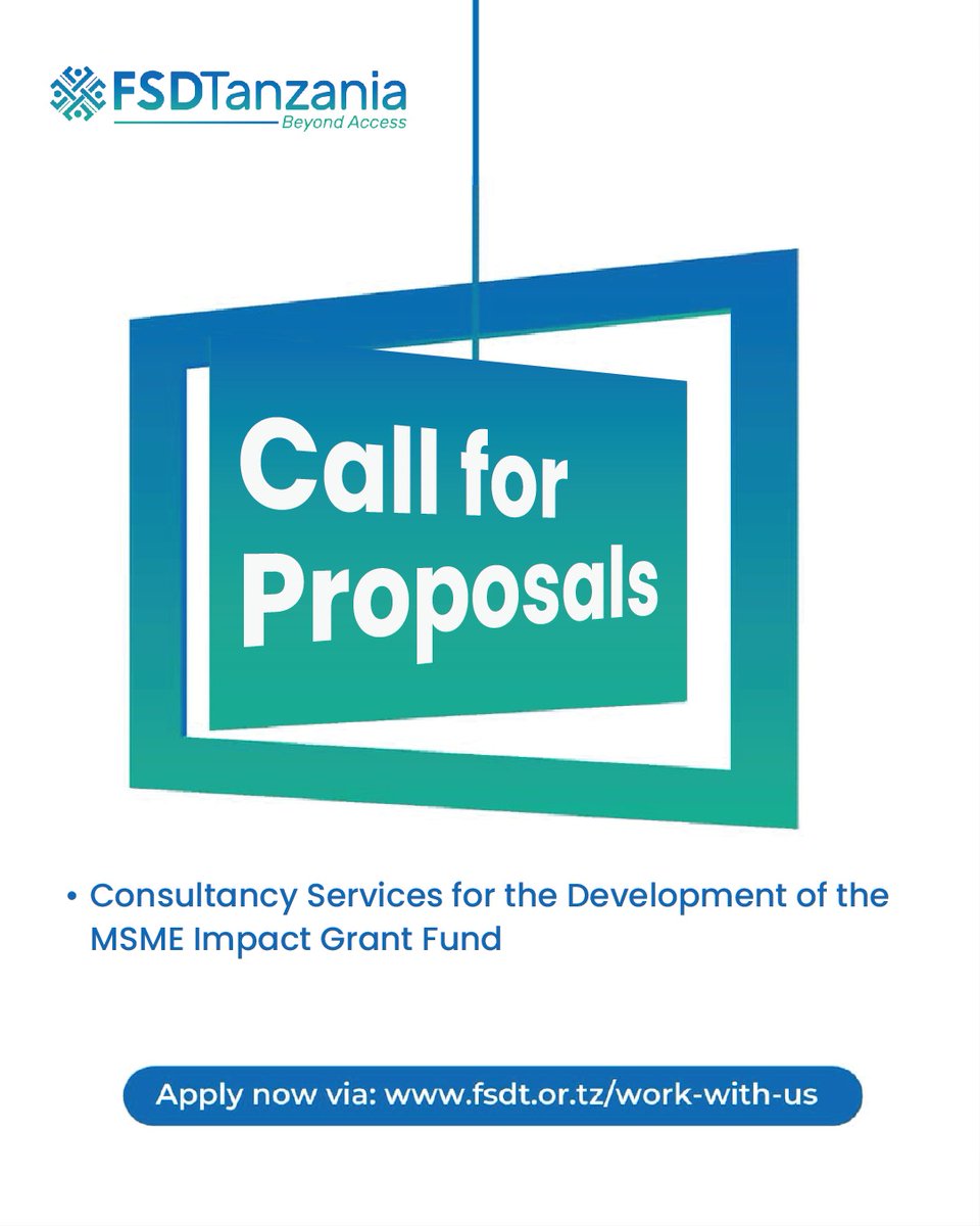 We are looking for the right consultant to join our team and provide services for the Development of the MSME Impact Grant Fund.

For the Terms of Reference and how to apply, visit our current opportunities section via:

fsdt.or.tz/work-with-us

The deadline for proposal