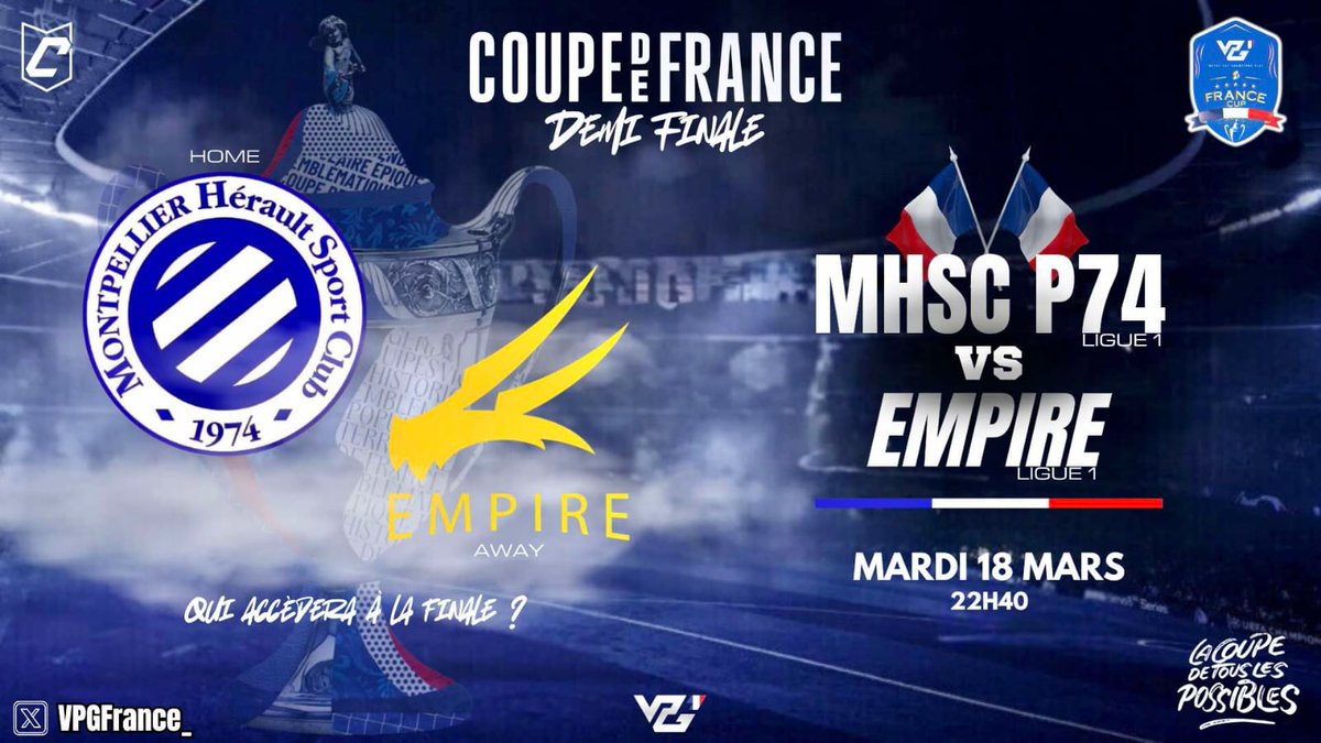 VPG France (@vpgfrance_) on Twitter photo Ce soir 1ère demi finale de la cup de France entre le tenant du titre Empire qui défiera le MHSC.
Les montpellierains veulent déjouer les pronostics et surtout ne pas s'arrêter en si bon chemin !
Bon match messieurs 🏆💥
<a href="/MhscPro/">MONTPELLIER HSC PRO CLUB</a>
<a href="/Empire_ProClub/">La Empire 🐲</a>
Graph by <a href="/Ludoviikk_/">𝗟𝘂𝗱𝗼𝘃𝗶𝗶𝗸𝗸 🇫🇷</a> 🇫🇷 Ce soir 1ère demi finale de la cup de France entre le tenant du titre Empire qui défiera le MHSC.
Les montpellierains veulent déjouer les pronostics et surtout ne pas s'arrêter en si bon chemin !
Bon match messieurs 🏆💥
<a href="/MhscPro/">MONTPELLIER HSC PRO CLUB</a>
<a href="/Empire_ProClub/">La Empire 🐲</a>
Graph by <a href="/Ludoviikk_/">𝗟𝘂𝗱𝗼𝘃𝗶𝗶𝗸𝗸 🇫🇷</a> 🇫🇷