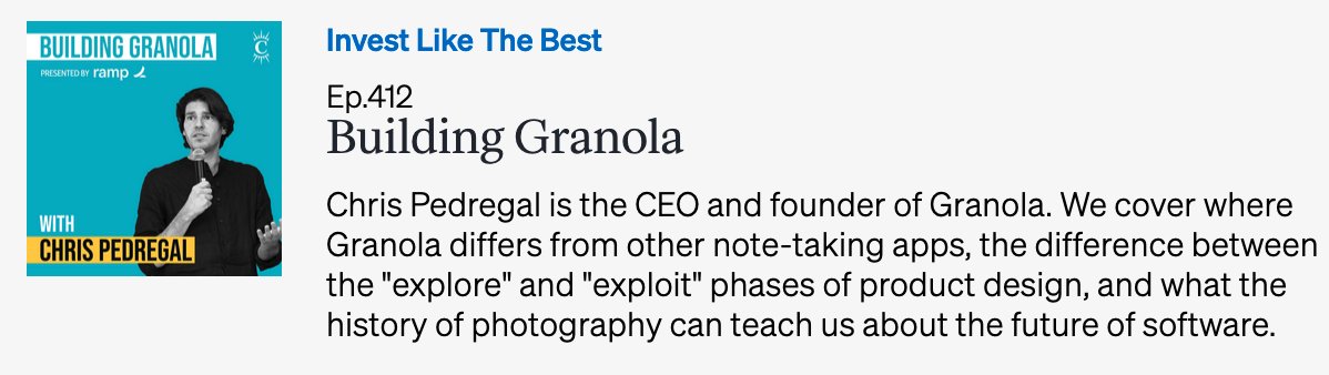 For those building AI apps / wrappers, this podcast with <a href="/cjpedregal/">Chris Pedregal</a> of <a href="/meetgranola/">Granola</a> app is a good one.

What stood out
- Granola users take v different notes (more like states of mind / people-observations vs facts) 
- how native AI users provide context (far more) than normie