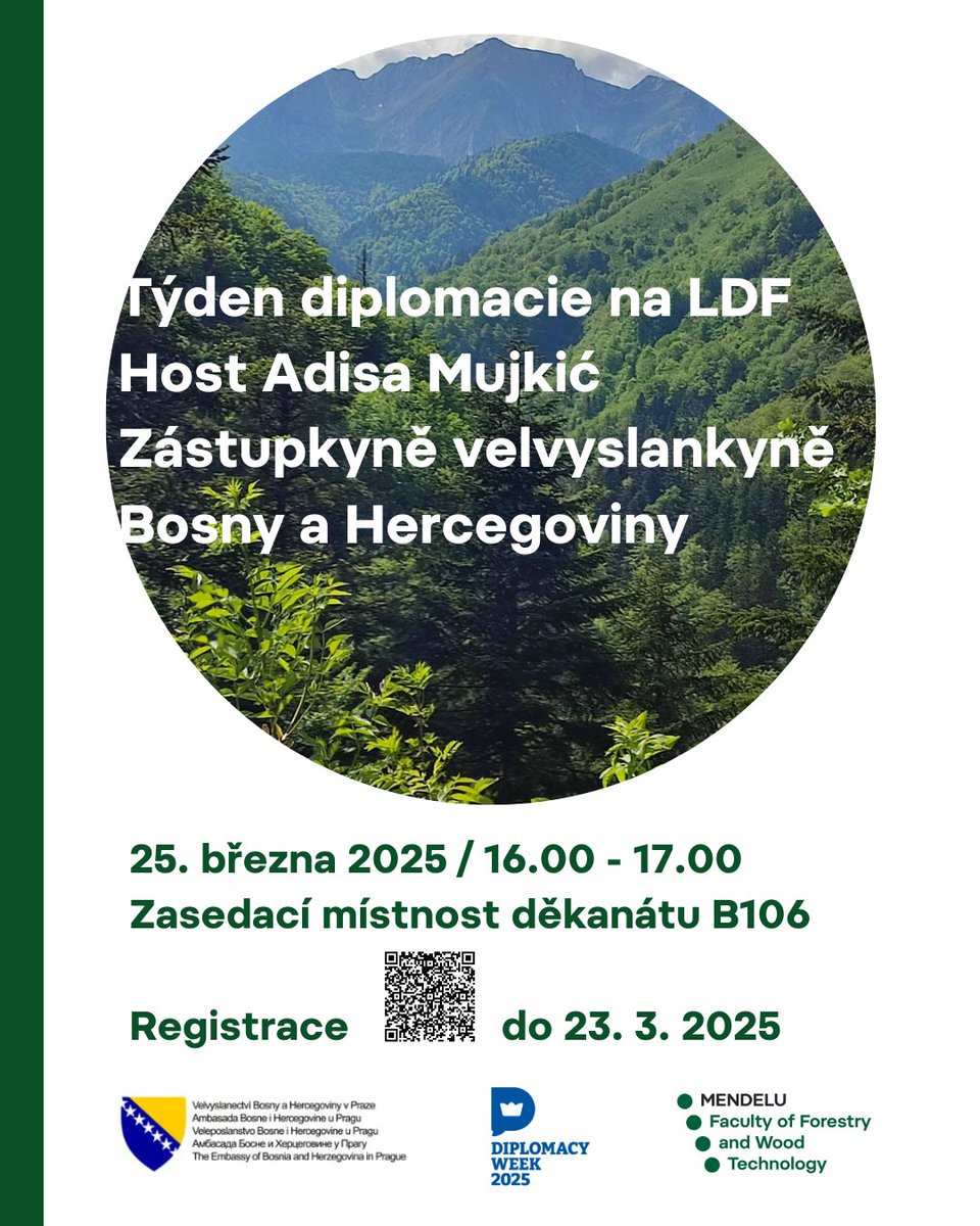 Lesnická a dřevařská fakulta MENDELU (@ldf_mendelu) on Twitter photo 25. 3. <a href="/ldf_mendelu/">Lesnická a dřevařská fakulta MENDELU</a> navštíví v rámci #tydnediplomacie pořádaného <a href="/mzvcr/">Ministerstvo zahraničních věcí</a> Adisa Mujkić, zástupkyně velvyslankyně Bosny a Hercegoviny. Vyvrcholením programu je přednáška pro veřejnost: fungování diplomacie, osobní zkušenosti, vztahy mezi oběma zeměmi. 25. 3. <a href="/ldf_mendelu/">Lesnická a dřevařská fakulta MENDELU</a> navštíví v rámci #tydnediplomacie pořádaného <a href="/mzvcr/">Ministerstvo zahraničních věcí</a> Adisa Mujkić, zástupkyně velvyslankyně Bosny a Hercegoviny. Vyvrcholením programu je přednáška pro veřejnost: fungování diplomacie, osobní zkušenosti, vztahy mezi oběma zeměmi.