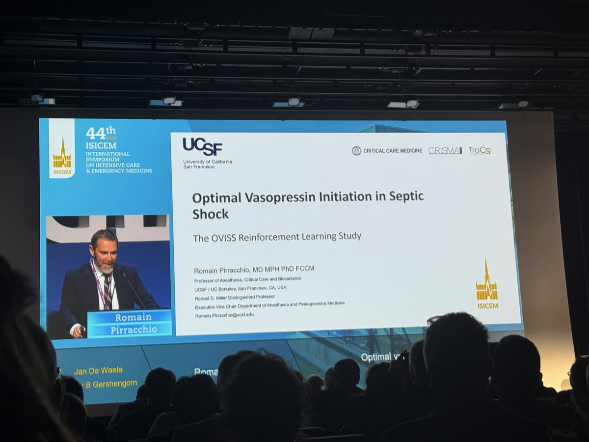 Now <a href="/pirracchior/">Romain Pirracchio</a> presenting the OVISS Reinforcement Learning Study: Optimal Vasopressin Initiation in Septic
Shock

<a href="/ISICEM/">ISICEM</a> #ISICEM25