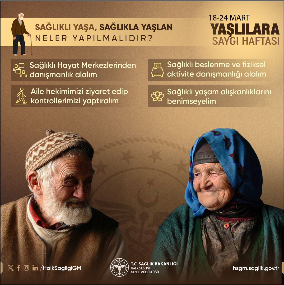 📢 18-24 Mart Yaşlılara Saygı Haftası: Sağlıklı Yaşa, Sağlıkla Yaşlan! 👵👴💙
Yaşlanan nüfusun sağlık, sosyal ve ekonomik alanlarda karşılaşabileceği zorluklara karşı önlemler almak, yaşlılarımızın sağlıklı ve aktif bir yaşam sürmesini desteklemek öncelikli hedeflerimiz