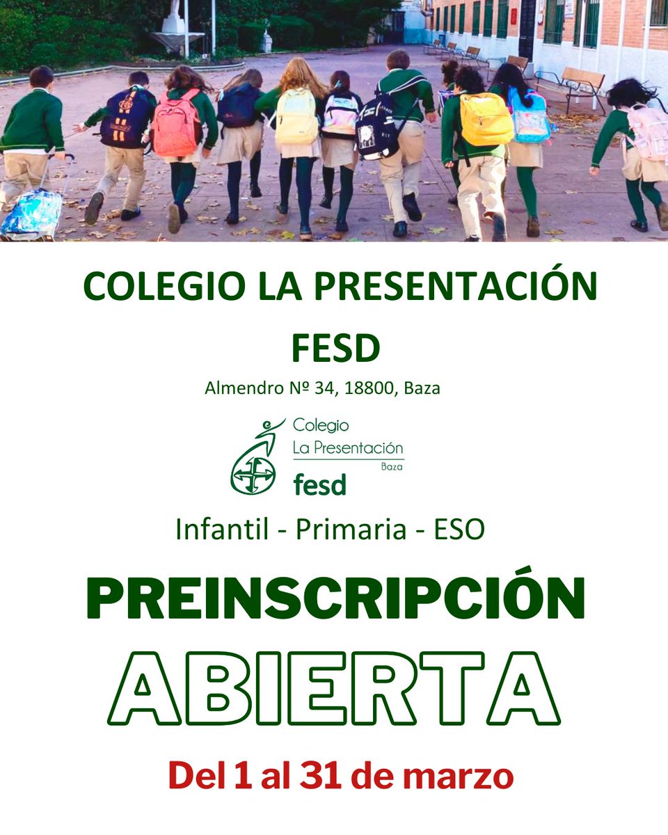 ✨¡ABIERTAS PREINSCRIPCIONES!✨

Sigue abierto el plazo de Preinscripción . Reserva tu plaza del hasta el 31 de marzo, en la secretaría de nuestro centro o a través de la secretaría virtual de la Junta de Andalucía. 💚
