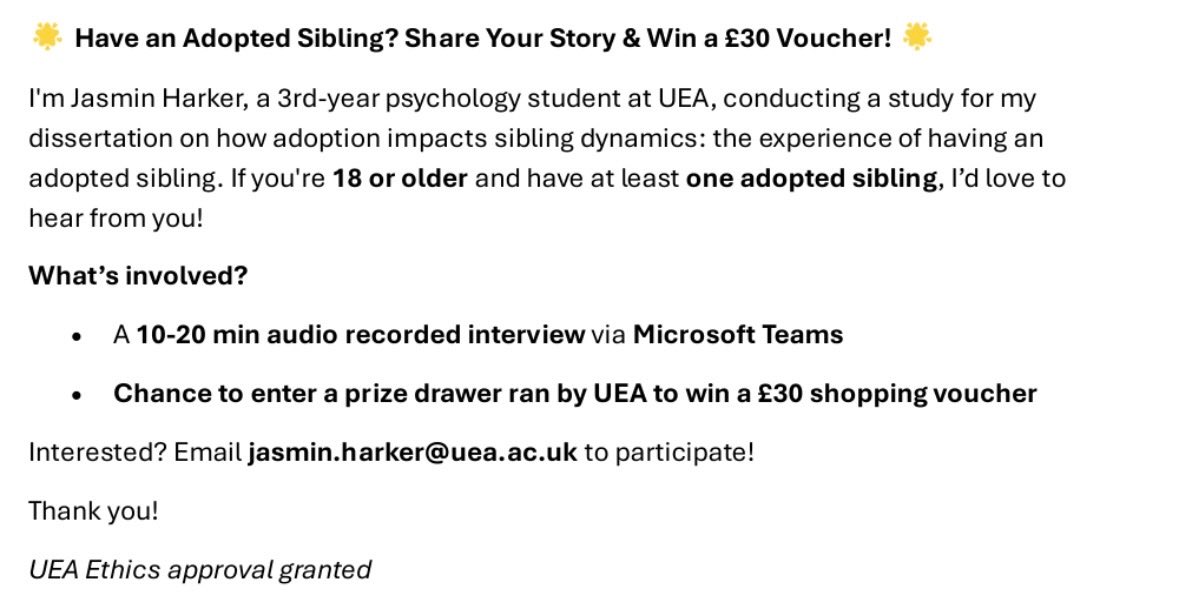 My sister’s study looking at the impacts of #adoption on siblings dynamics in families where 1 or more child is adopted and 1 or more child is not. 

A really unique study from someone with lived experience but a very small group so if you know anyone please share! #adoptee