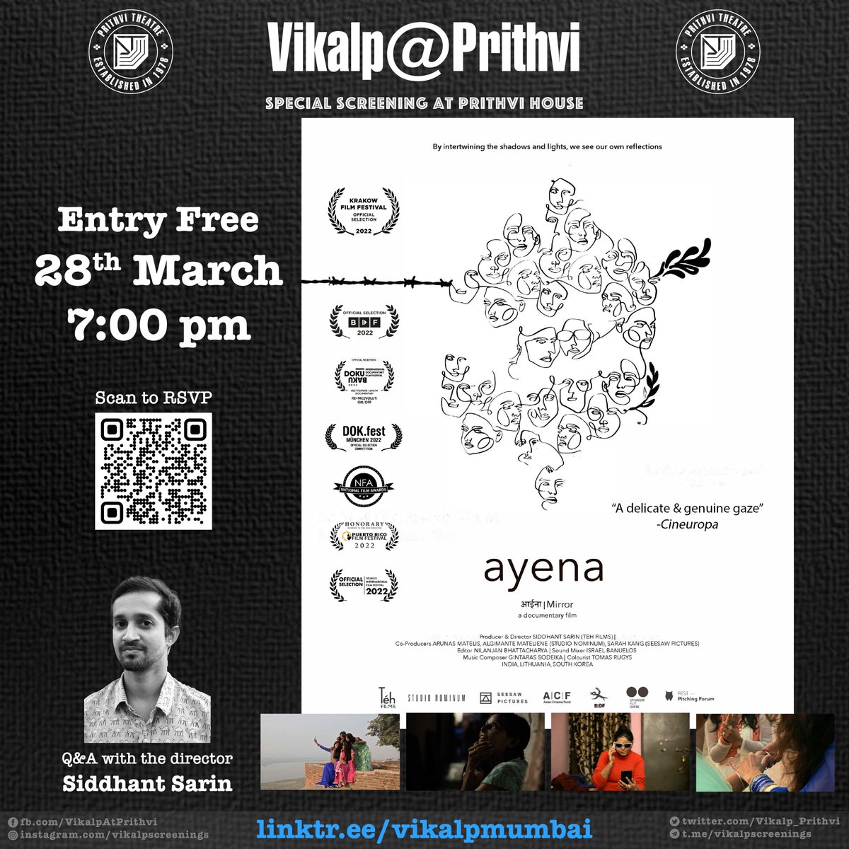 Vikalp_Prithvi's tweet image. March 28: Watch 'Ayena' ('Mirror') followed by a Q&A with director Siddhant Sarin & the film's protagonists at @PrithviTheatre.
RSVP at facebook.com/events/1347643…
(@ahmedalifayyaz @DiwakarSharmaa @guttyakshay @SurajKrBauddh @thelordbaeIish @DocRGM @iampayalghosh @hrishirajanand_)