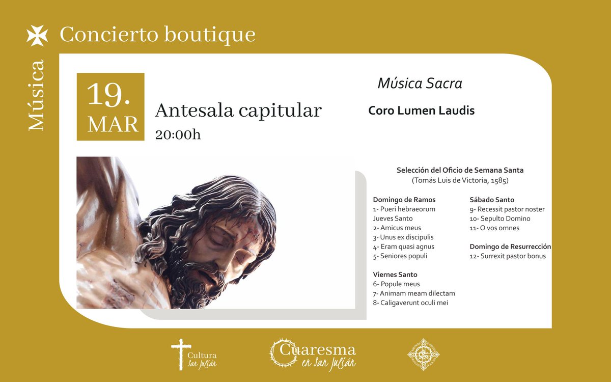 Concierto el 19 de marzo en <a href="/cofradiasmalaga/">Agrupación de Cofradías de Semana Santa de Málaga</a> a las 20h, entrada libre, con un monográfico de #Victoria. El mejor #Renacimiento para  🕯️#CofradiasMLG 🕯️