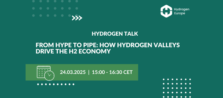 H2Europe's tweet image. 📢Get ready for our next #H2Talk "From hype to pipe: how #hydrogenvalleys drive the #H2economy" on 24.03.

The webinar will focus on the role of #H2valleys in the new economic &amp;amp; political realities, in line with the #CleanIndustrialDeal.

Register now👉 hydrogeneurope.eu/events/?he_eve…