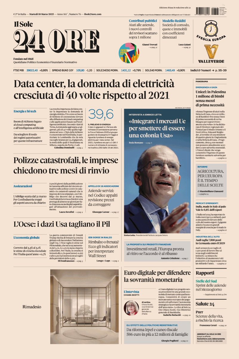 Quaranta GW di richieste di connessione alla #reteelettrica. Oggi sul <a href="/sole24ore/">IlSole24ORE</a> lo stato dell'arte dei #datacenter nella fotografia di <a href="/TernaSpA/">TernaSpA</a> e nell'analisi di <a href="/BCG/">Boston Consulting Group</a>. 

#Energia #infrastrutture #rinnovabili #nucleare #autoproduzione