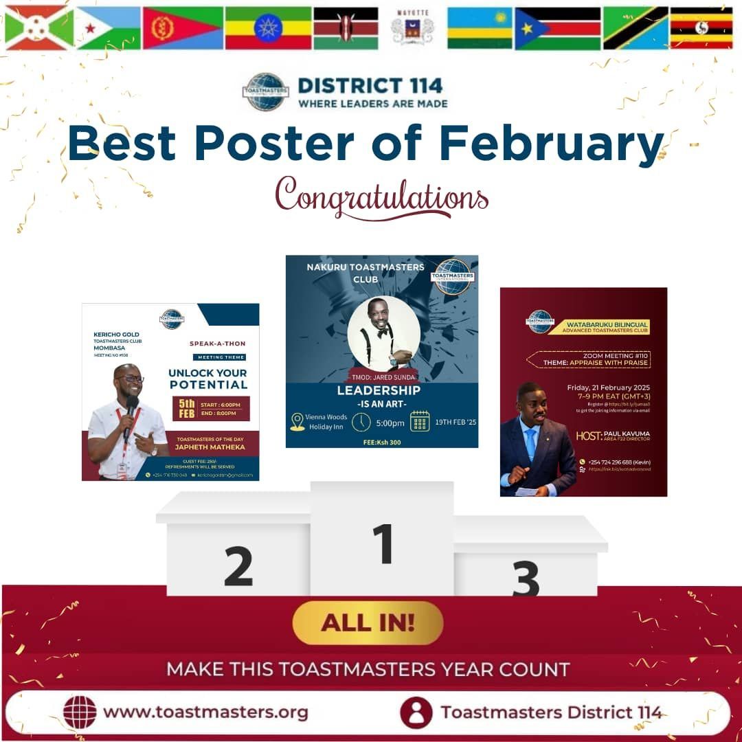🌟 Join us in congratulating the top 3 winners for the August edition of Best Poster of the month. Kudos to the VPPR's of Nakuru, Kericho gold,  and Watabarku Toastmasters Clubs for utilizing creativity in their posters while maintaining the Toastmasters brand.