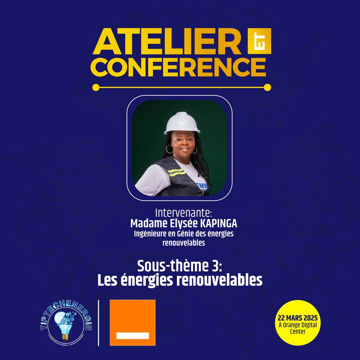 Plongez dans l’univers des énergies renouvelables avec Madame <a href="/elyseekapinga0/">Elysée Kapinga</a> ! 

Nous sommes ravis d’accueillir Élysée Kapinga, ingénieure en Génie des Énergies Renouvelables, qui interviendra lors de notre atelier du 22 mars sur le sous-thème « Les Énergies Renouvelables ».