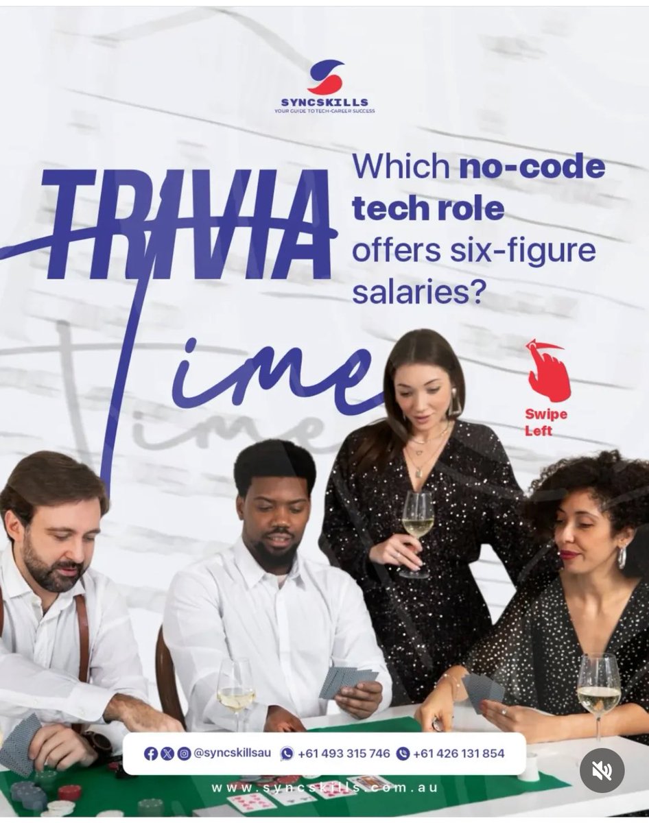 syncskillsau's tweet photo. Family, It's Trivia time
Tell us in the comment section, which no code tech role offers six-figure salaries?
А?
В?
C? Or All of the above?
Tell us in the comment section https://t.co/5Vgz9YXG9N