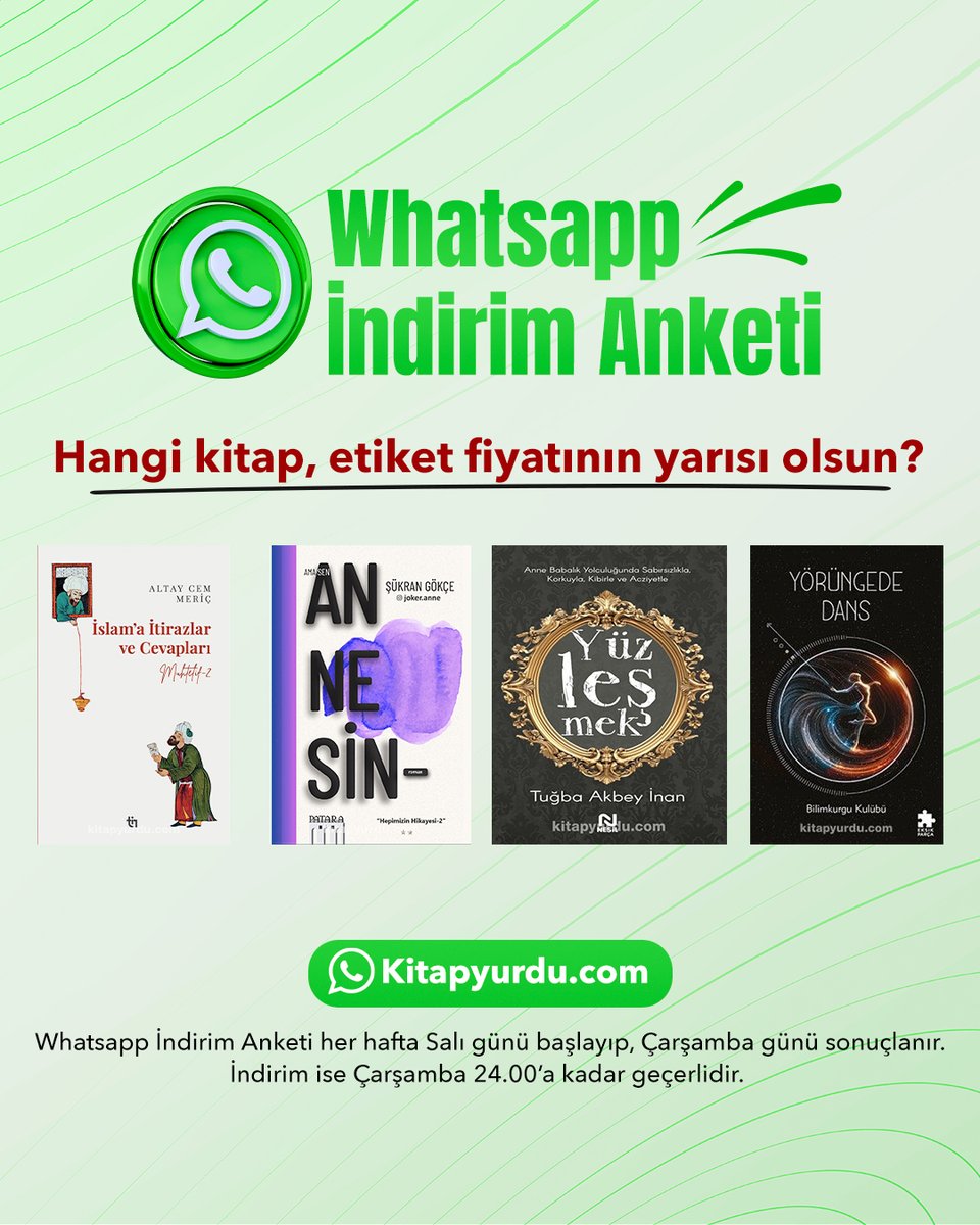 🎉 İndirim Anketi Zamanı!🙌 Hangi #kitap SEPETTE etiket fiyatının yarısı olsun? İndirim #KitapYurduİndirimAnketi sonuçlandığında başlayacak!

Ankete katılmak için: Kitapyurdu.com/wa

Kitaplar burada 👉 bit.ly/3b0k0Os

#KitapYurdu #KitapKurtları