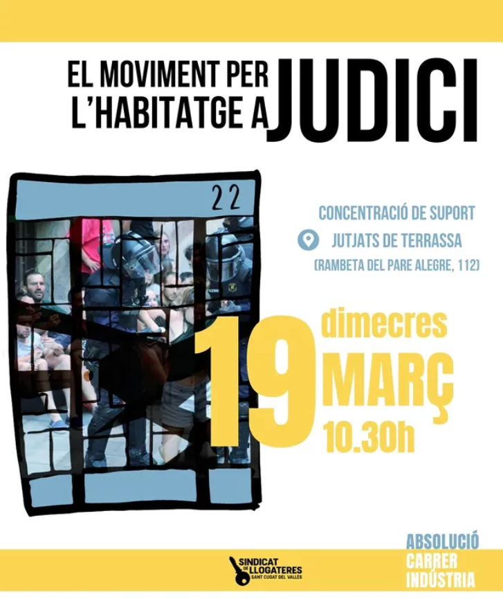AlertaSolidaria's tweet photo. ⚠️JUDICI al Moviment per l'Habitatge!!!

Demà, 19 de març, a Terrassa, una companya de Sant Cugat serà jutjada iniciant una llarga sèrie de judicis contra el moviment per l'habitatge.

Nosaltres pels drets de la classe treballadora i ells per blindar els negocis! Diguem PROU!!! https://t.co/5J1zRCzRx8