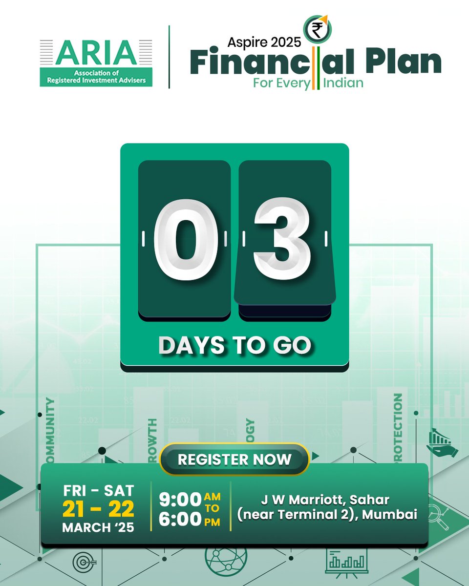 Just 3 days to go! ARIA is all set to present insightful sessions and interactive workshops by the industry's finest financial experts at the 𝐀𝐒𝐏𝐈𝐑𝐄 𝐒𝐮𝐦𝐦𝐢𝐭 𝟐𝟎𝟐𝟓.

Register now if you haven’t already! Join us on March 22nd and 23rd at JW Marriott Sahar, Mumbai, for