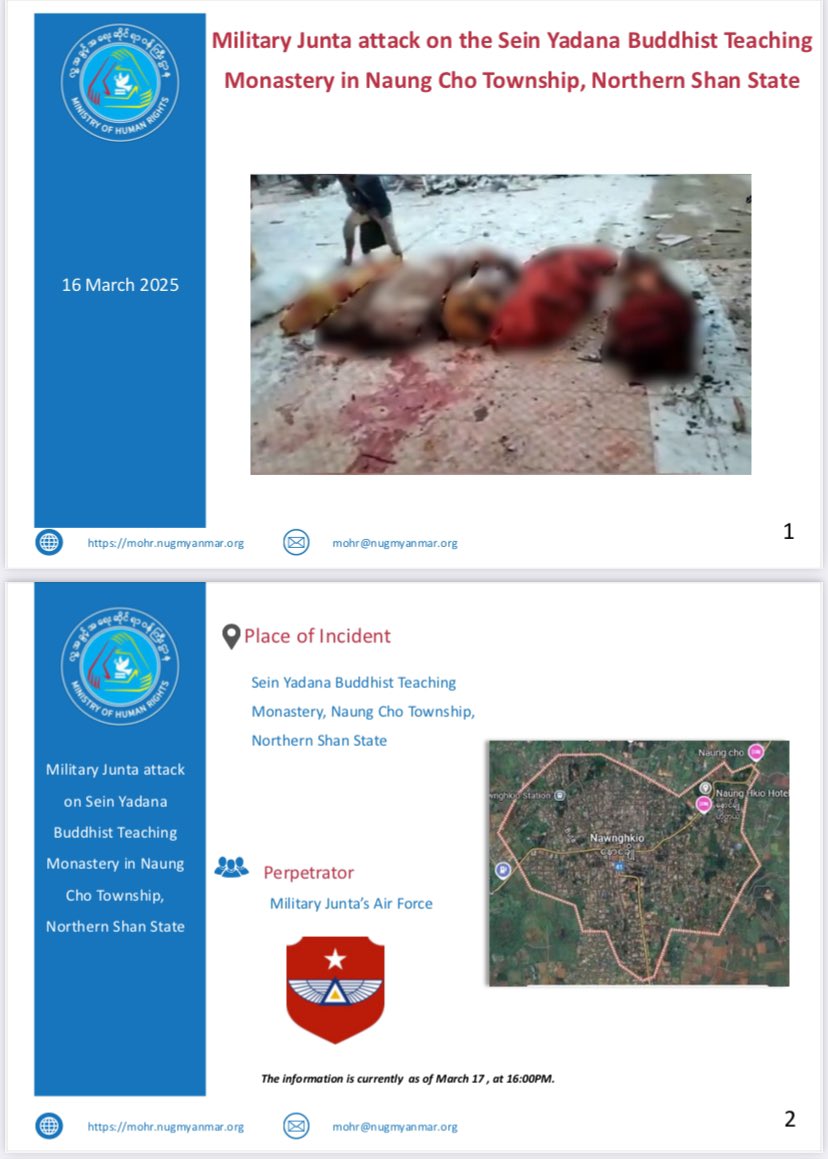 mohr_nug's tweet photo. Myanmar Junta's #airstrike on Sein Yadana Buddhist Teaching Monastery killed 10, including 2 monks &amp; 5 novices under 18. 20 injured. This deliberate attack on a religious site &amp; its members violates #humanitarianlaw. #Warcrimes #CrimesAgainstHumanity #CrimesOfJunta #EndsImpunity https://t.co/t57f6TYseI