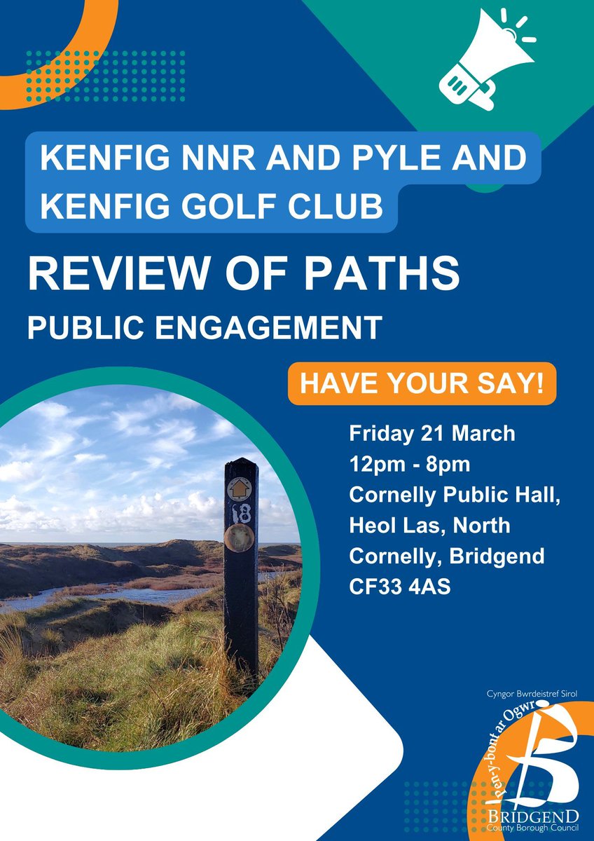 Bridgend CB Council (@bridgendcbc) on Twitter photo 🌿 Have your say in the review of public paths at Kenfig Nature Reserve & <a href="/PandKGC/">Pyle & Kenfig GC</a> !
Share how you use these routes and help shape future paths.
📆 21 March
⏰ 12 – 8pm
📍Cornelly Public Hall, Heol Las, North Cornelly, Bridgend
buff.ly/05xnD2Q 🌿 Have your say in the review of public paths at Kenfig Nature Reserve & <a href="/PandKGC/">Pyle & Kenfig GC</a> !
Share how you use these routes and help shape future paths.
📆 21 March
⏰ 12 – 8pm
📍Cornelly Public Hall, Heol Las, North Cornelly, Bridgend
buff.ly/05xnD2Q
