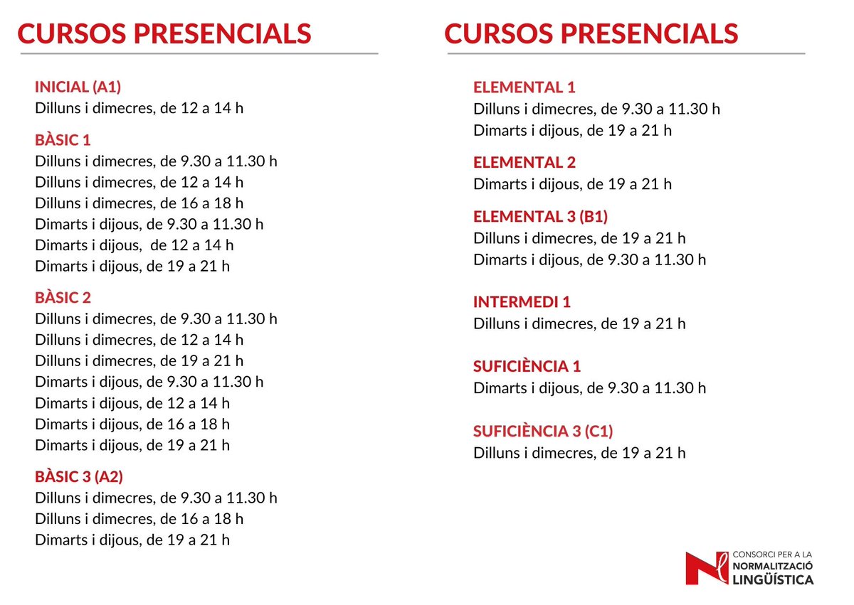 📍REUS

Torns de les inscripcions:

✅ 25 de març: antic alumnat

✅ 26 i 27 de març: nou alumnat

👉 Horaris dels cursos al Servei Local de Català de Reus.

➕info: cpnl.cat/inscripcions

<a href="/cpnlcat/">Consorci per a la Normalització Lingüística</a> <a href="/reus_cat/">Ajuntament de Reus</a> <a href="/ReusCultura/">Reus Cultura</a> <a href="/Mas_Carandell/">Mas Carandell</a> <a href="/CFA_Reus/">CFA REUS</a>