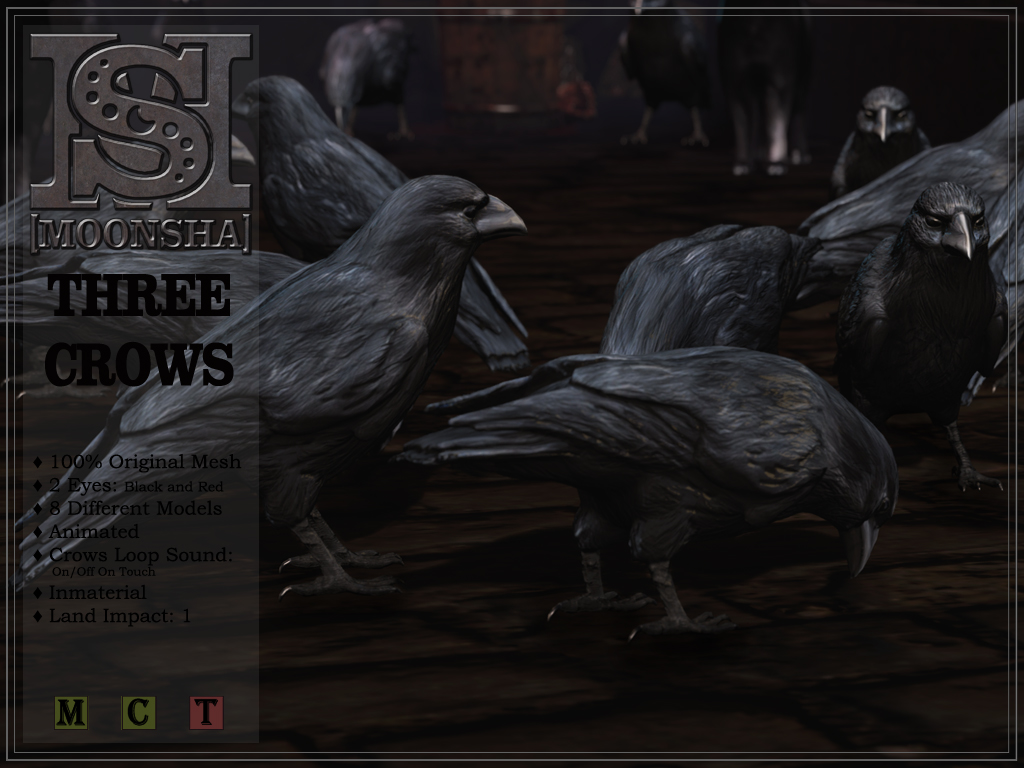 𝐓𝐇𝐑𝐄𝐄 𝐂𝐑𝐎𝐖𝐒 🐦‍⬛

Enhance your dark and eerie landscapes with these animated crows!
Add a realistic, haunting touch to your dark fantasy, gothic or dark scenes.

Get them at the Mainstore:
maps.secondlife.com/secondlife/Sun…

#MoonSha #SecondLife #VirtualDecor #MeshAnimals