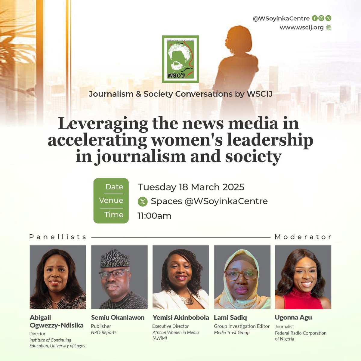 We go live in 1 hour!
Join us by 11am for  a special #WSCIJConversations. Panellist will discuss how the news media can challenge barriers, amplify women’s voices and drive policy changes supporting fair representation of women in leadership.  Join here -bit.ly/3FavZuz